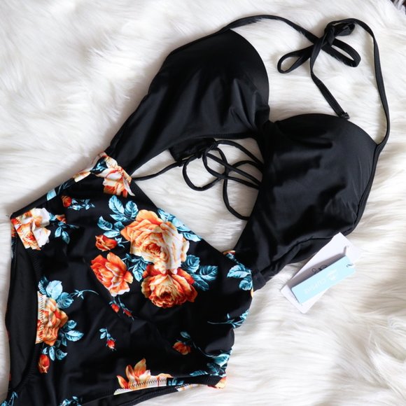 Black Floral Print Halter One Piece Swimsuit Sz L= - Picture 6 of 13